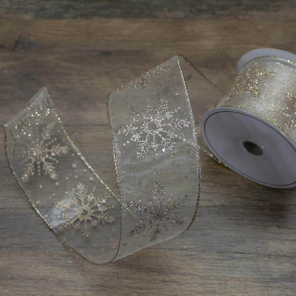 Sheer Gold Snowflake Christmas Wired Craft Ribbon 2.5" x 10 Yards. Picture 2