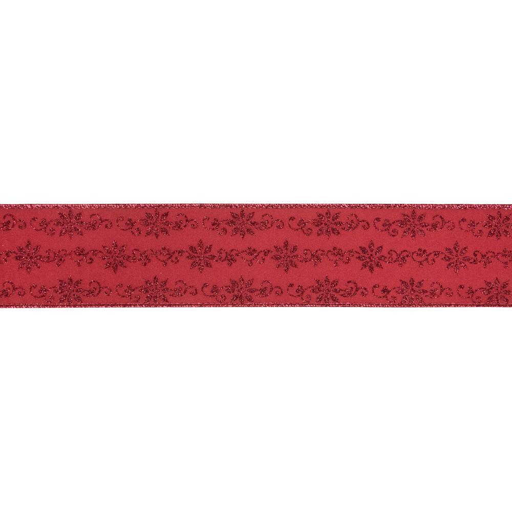 Red Glittered Poinsettia Christmas Wired Craft Ribbon 2.5" x 10 Yards. Picture 1