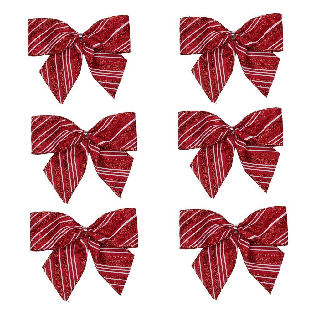 Pack of 6 Red and White Striped 2 Loop Christmas Bow Decorations 5.5". Picture 1