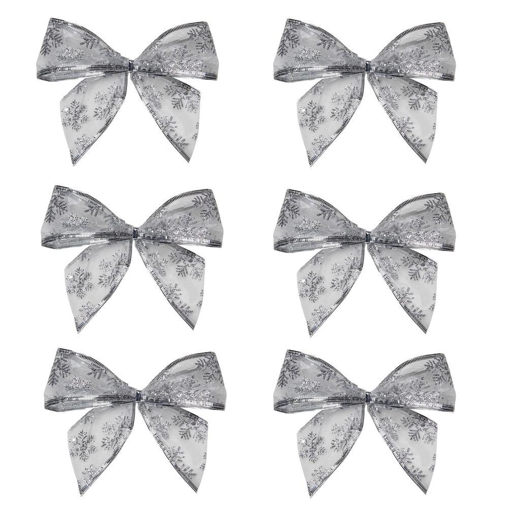 Pack of 6 Sheer Silver Snowflake 2 Loop Christmas Bow Decorations 5.5". Picture 1