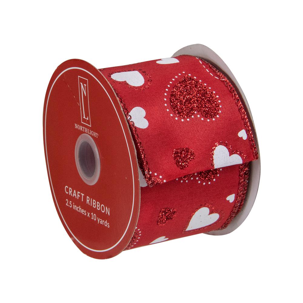 Red and White Glitter Hearts Valentine's Day Wired Craft Ribbon 2.5" x 10 Yards. Picture 3