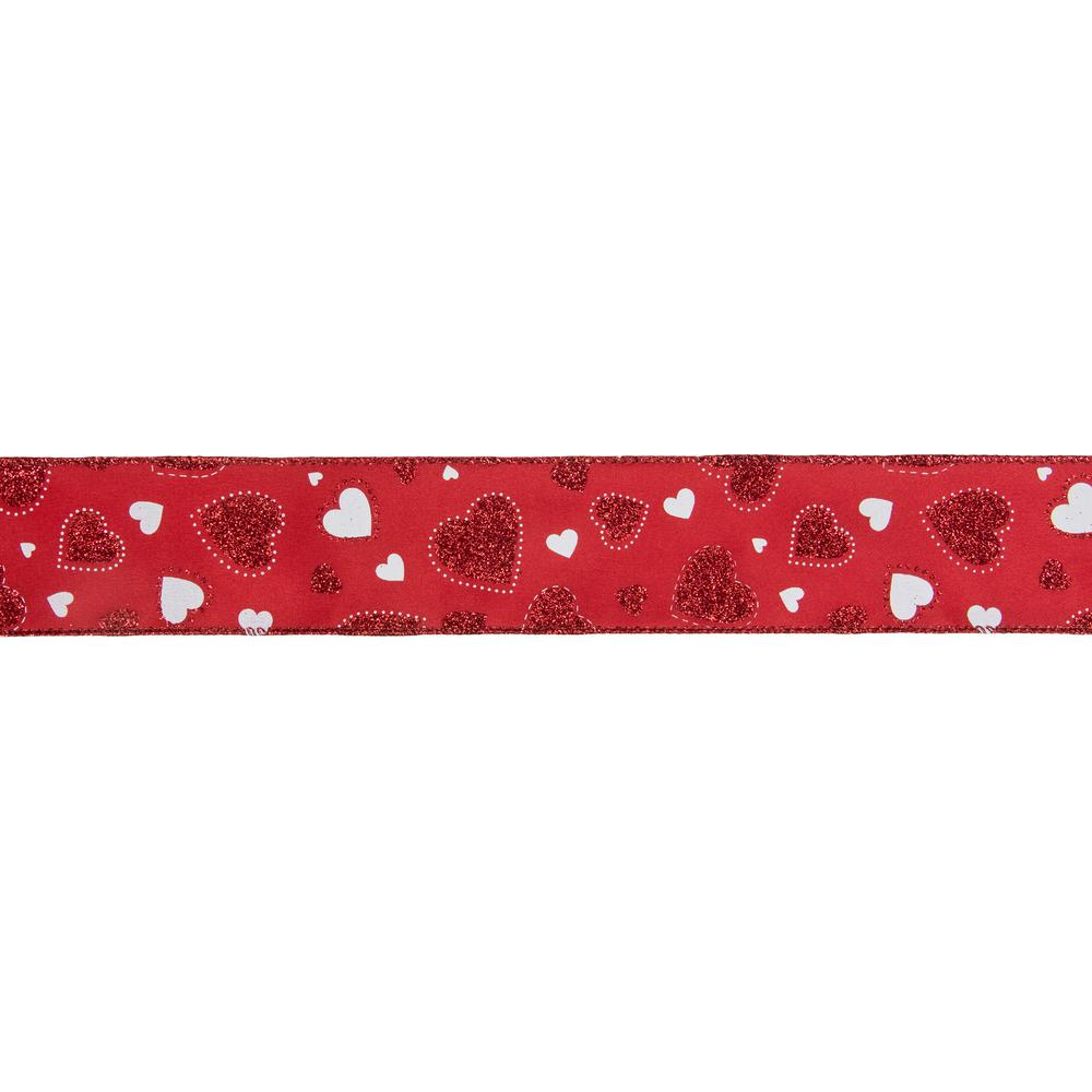 Red and White Glitter Hearts Valentine's Day Wired Craft Ribbon 2.5" x 10 Yards. Picture 2