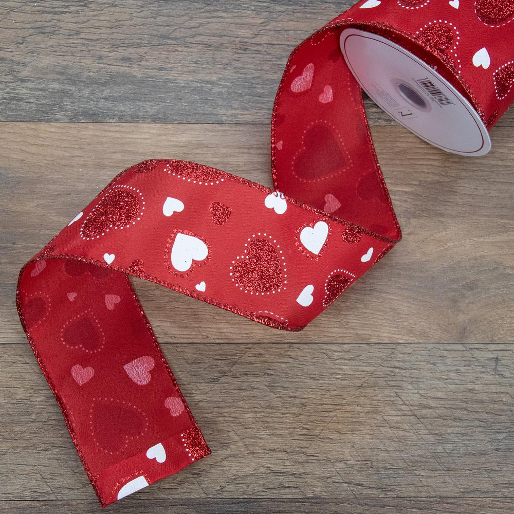 Red and White Glitter Hearts Valentine's Day Wired Craft Ribbon 2.5" x 10 Yards. Picture 1
