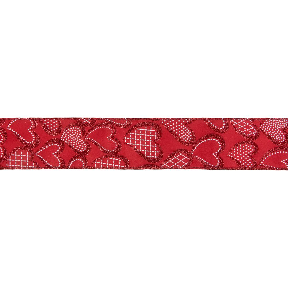 Red and White Glittered Hearts Valentine's Day Wired Craft Ribbon. Picture 2