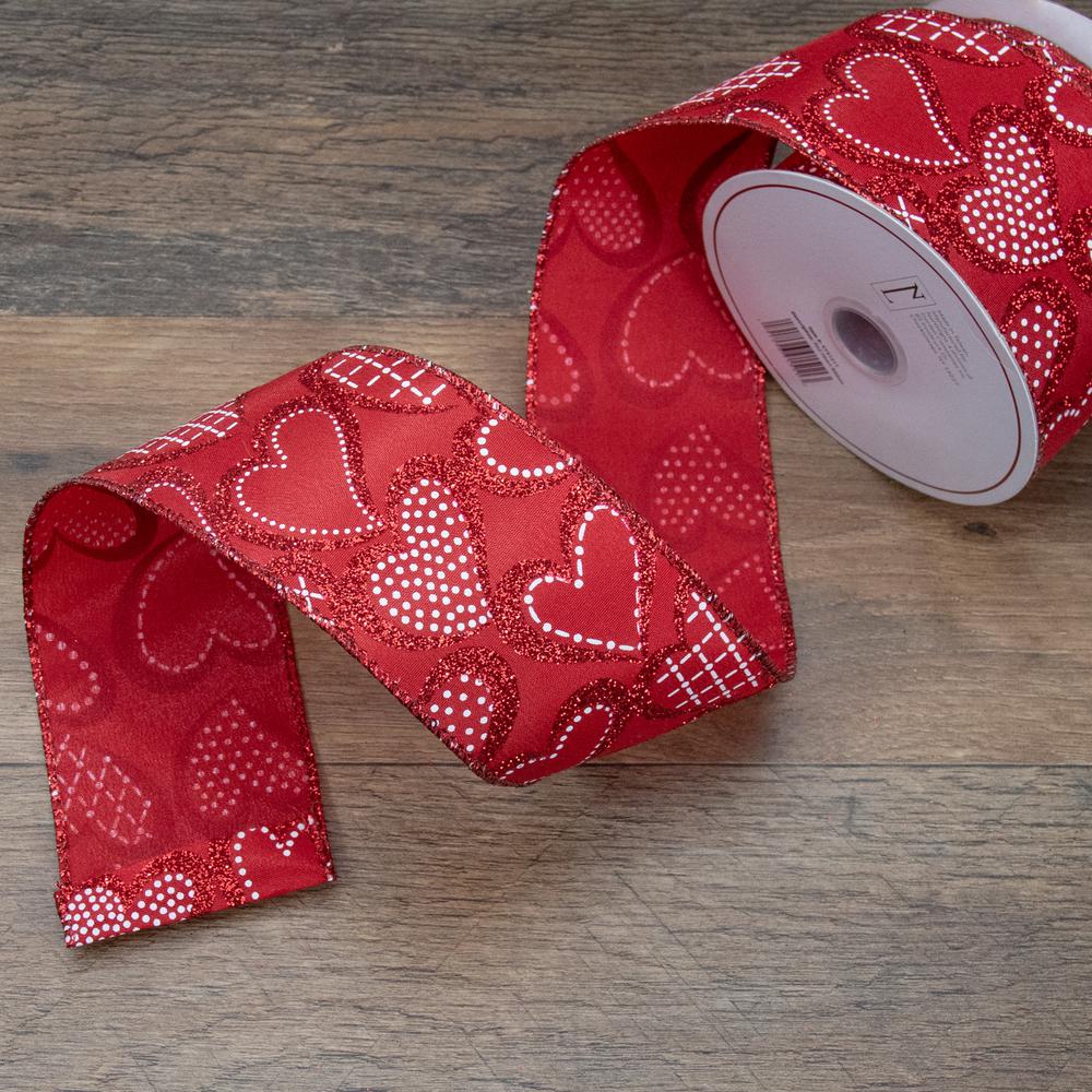 Red and White Glittered Hearts Valentine's Day Wired Craft Ribbon. Picture 1
