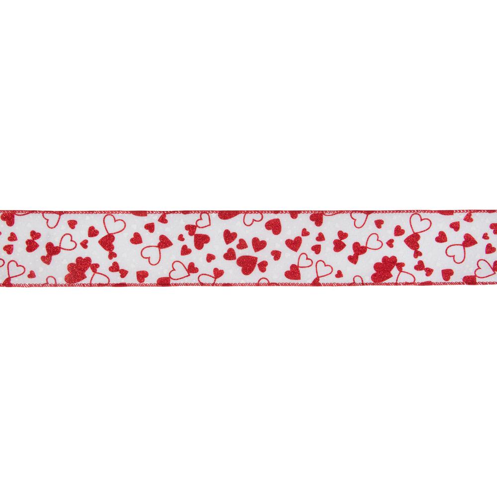 White and Red Glittered Hearts Valentine's Day Wired Craft Ribbon. Picture 2