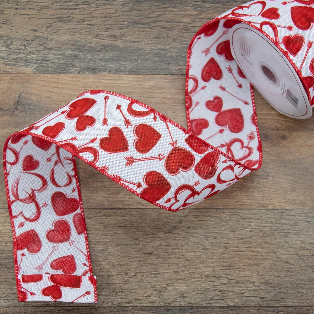 White and Red Hearts Valentine's Day Wired Craft Ribbon 2.5" x 10 Yards. Picture 1