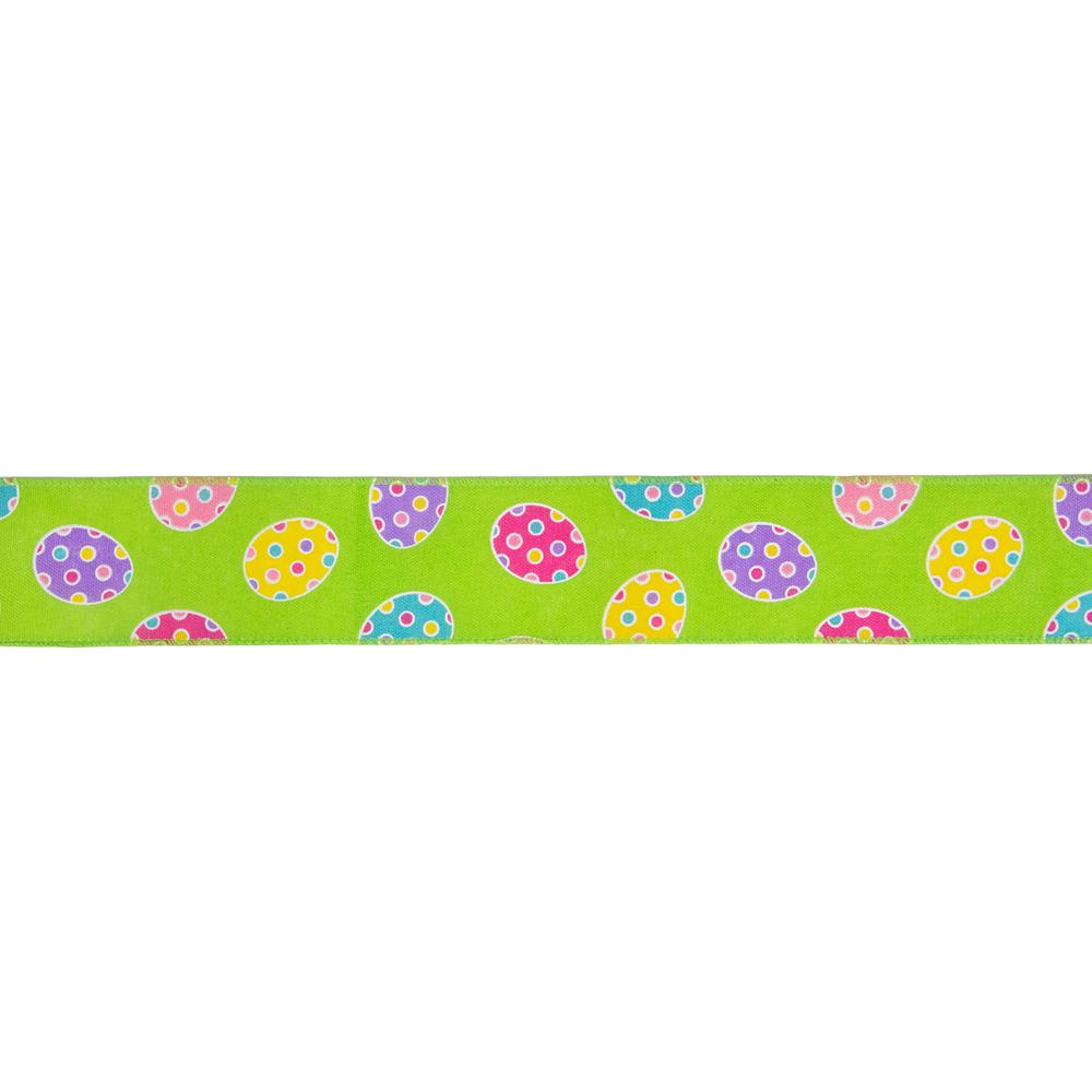 Green with Easter Egg Design Wired Spring Craft Ribbon 2.5" x 10 Yards. Picture 1