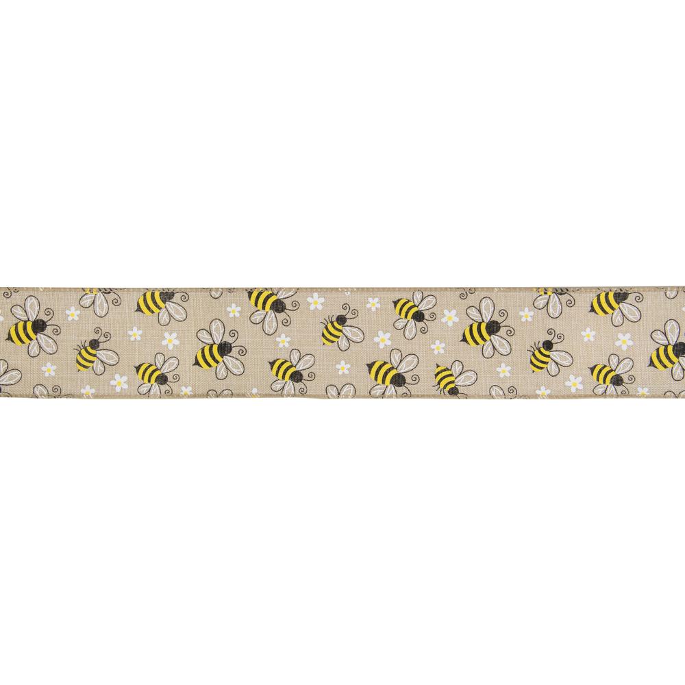 Natural Burlap Bumblebee Design Wired Spring Craft Ribbon 2.5" x 10 Yards. Picture 1