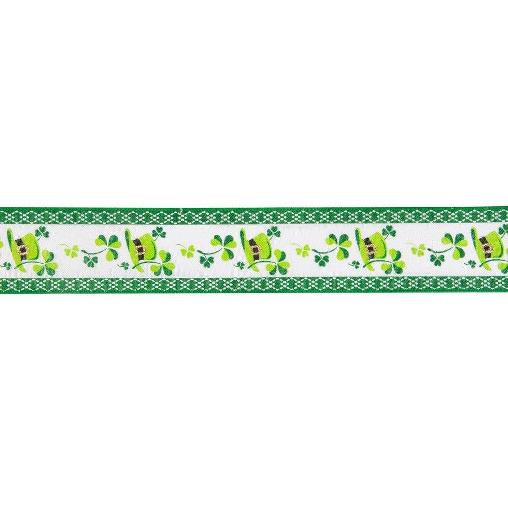 St. Patrick's Day Shamrock  and Hat Wired Spring Craft Ribbon 2.5" x 10 Yards. Picture 1