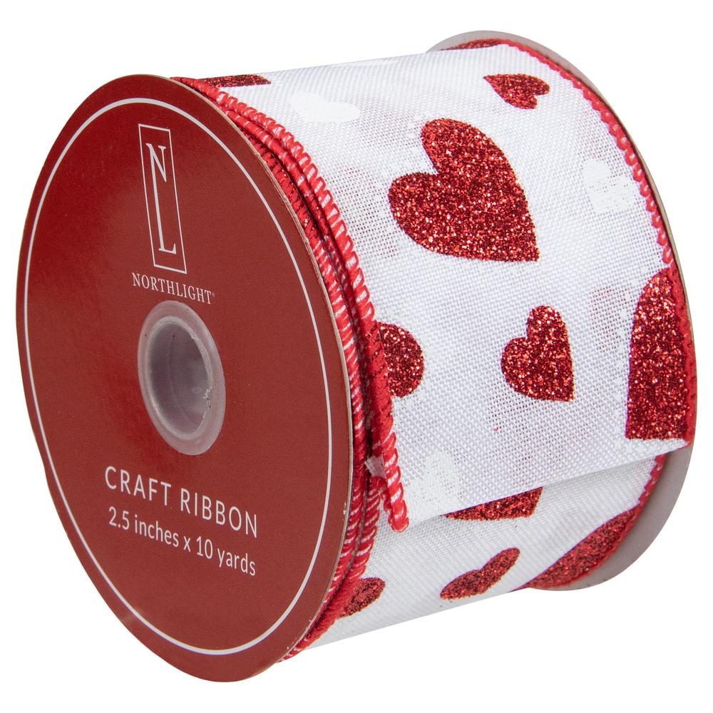 White and Red Glitter Hearts Valentine's Day Wired Craft Ribbon 2.5" x 10 Yards. Picture 3