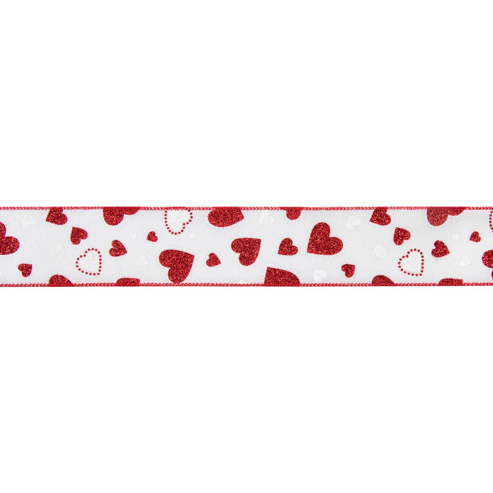 White and Red Glitter Hearts Valentine's Day Wired Craft Ribbon 2.5" x 10 Yards. Picture 2