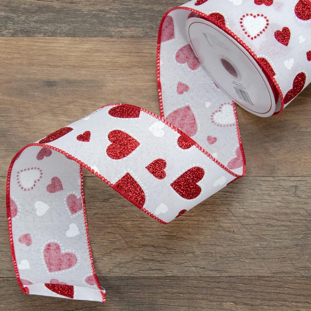 White and Red Glitter Hearts Valentine's Day Wired Craft Ribbon 2.5" x 10 Yards. Picture 1