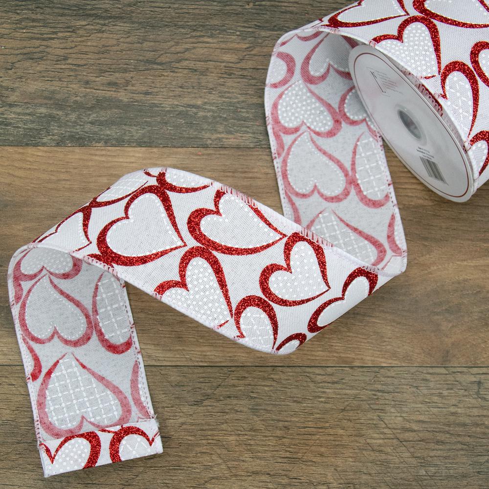 White and Red Glitter Hearts Valentine's Wired Craft Ribbon 2.5" x 10 Yards. Picture 1