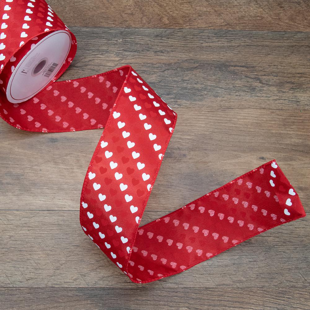 Red and White Diagonal Hearts Valentine's Day Wired Craft Ribbon 2.5" x 10 Yards. Picture 1