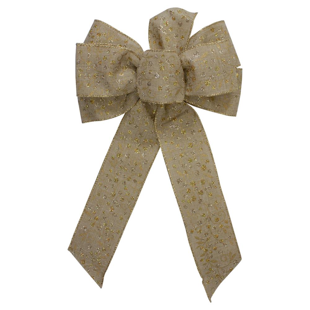 14" x 9" Burlap and Gold Glittered Polka Dots 6 Loop Christmas Bow Decoration. Picture 1