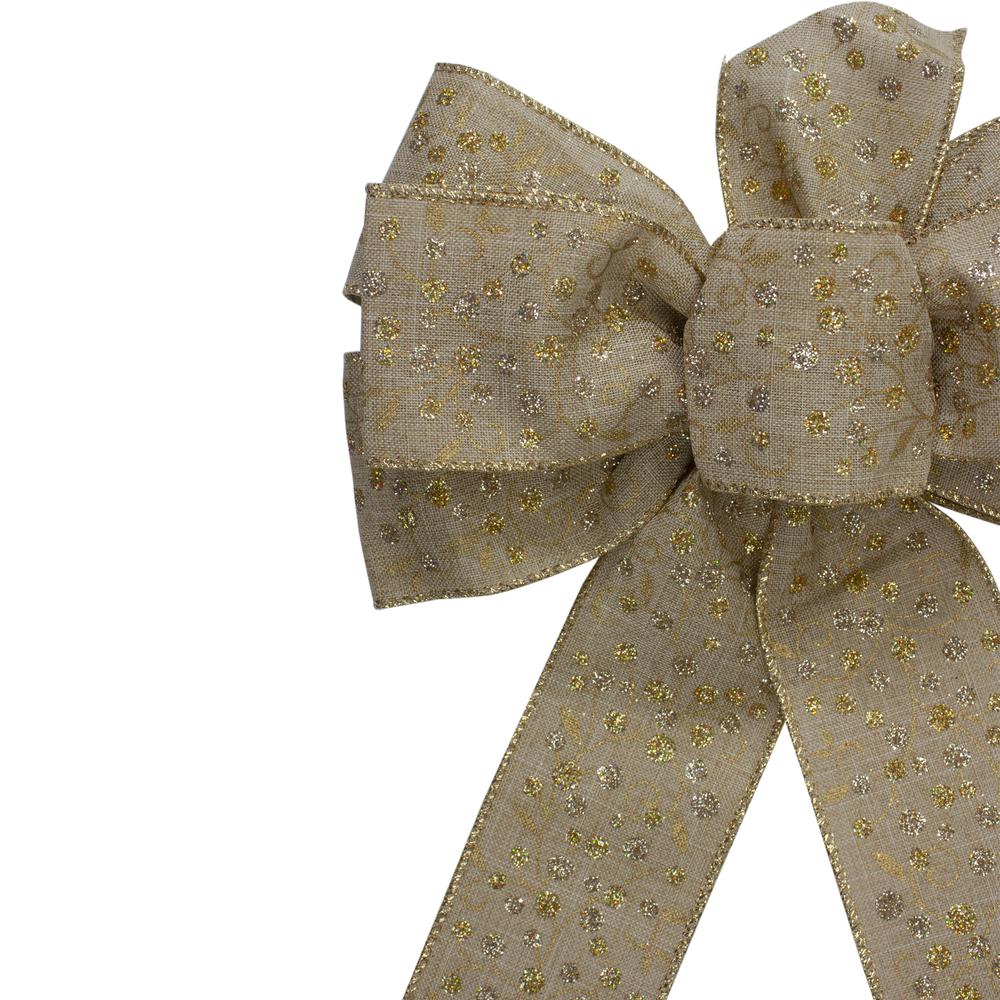 14" x 9" Burlap and Gold Glittered Polka Dots 6 Loop Christmas Bow Decoration. Picture 3