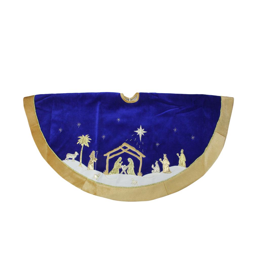 48" Blue and Gold Nativity Scene Christmas Tree Skirt with Gold Border. Picture 1