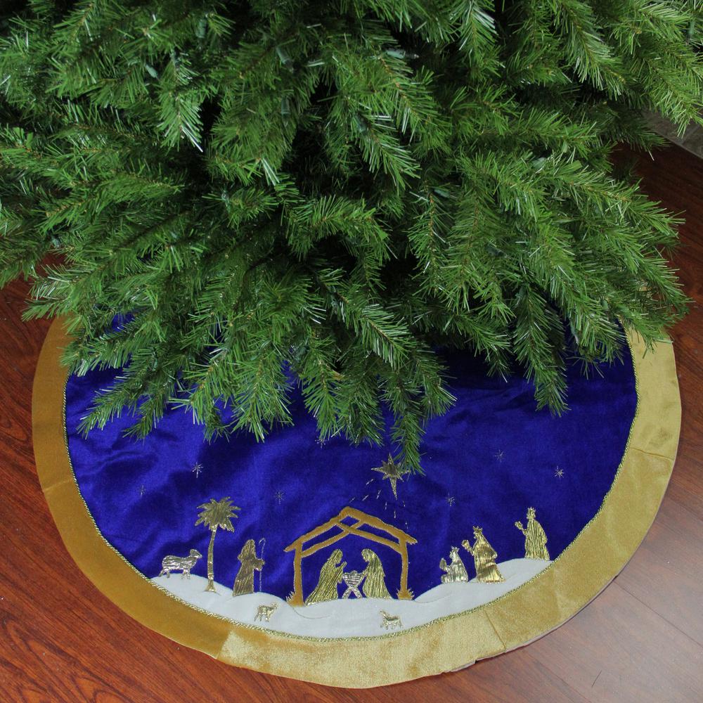 48" Blue and Gold Nativity Scene Christmas Tree Skirt with Gold Border. Picture 2