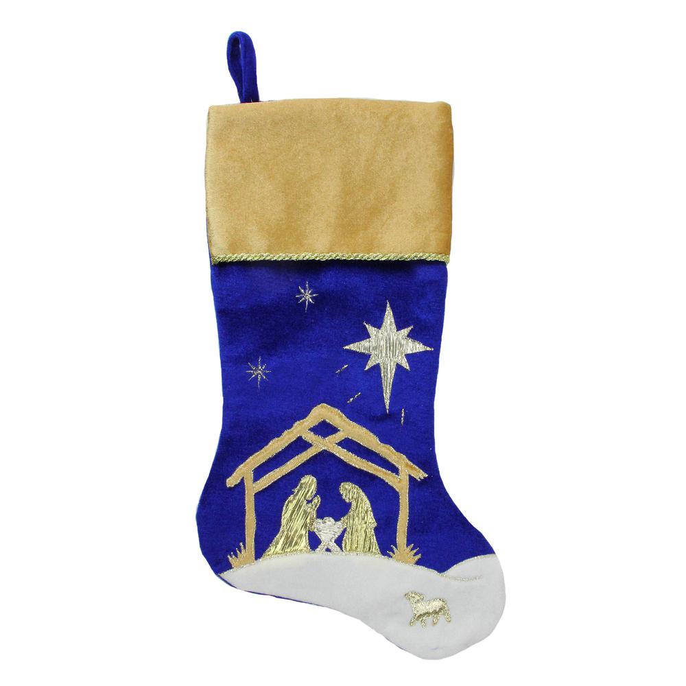 20.5" Blue and Gold Nativity Scene Christmas Stocking with Gold Cuff. Picture 1