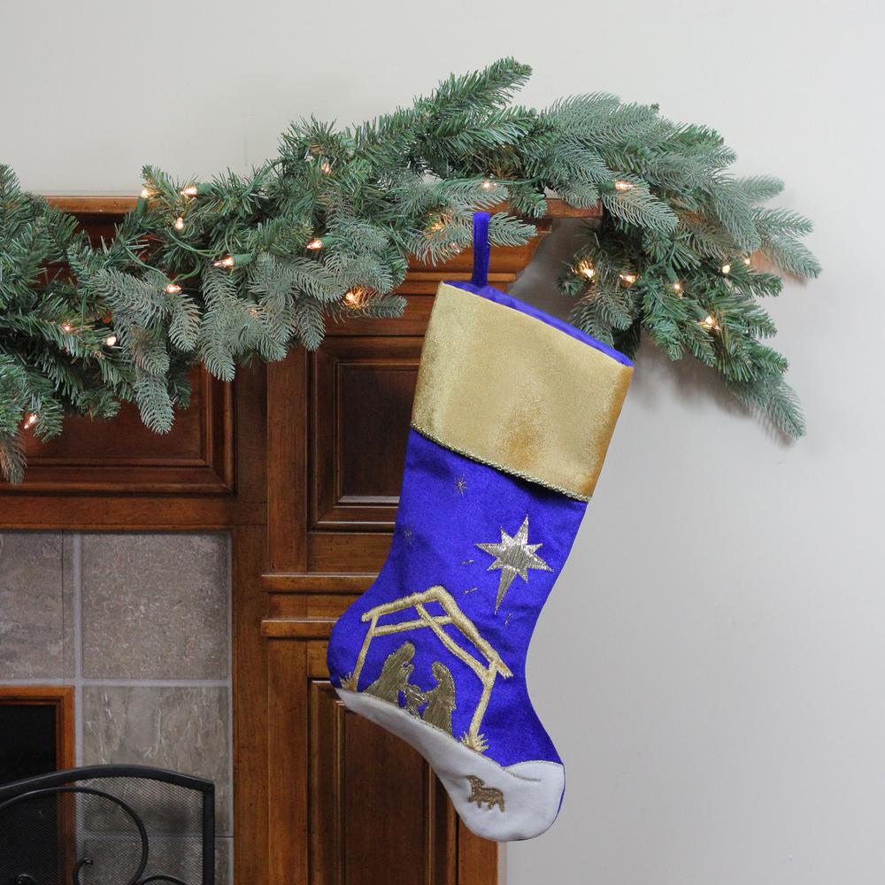 20.5" Blue and Gold Nativity Scene Christmas Stocking with Gold Cuff. Picture 2