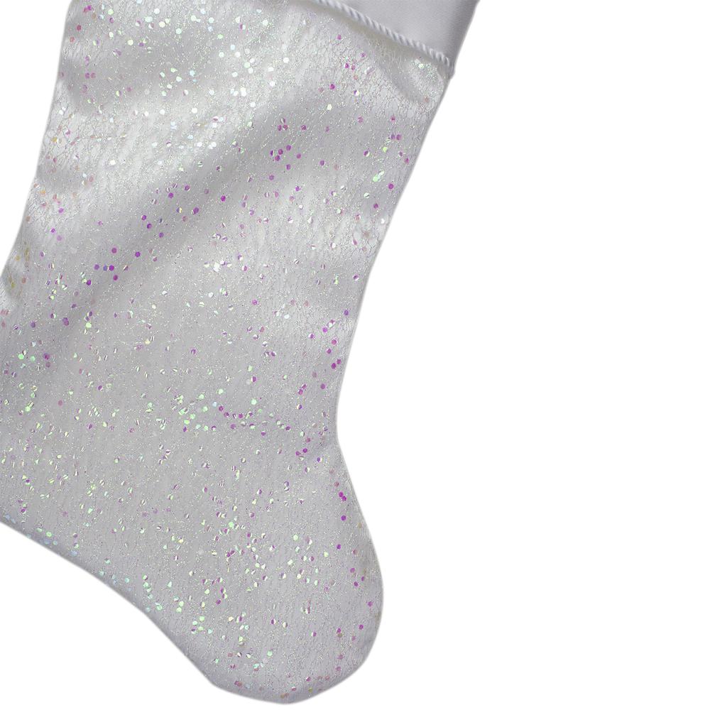 22.25" White with Pink Iridescent Glitter Christmas Stocking with Satin Cuff. Picture 4