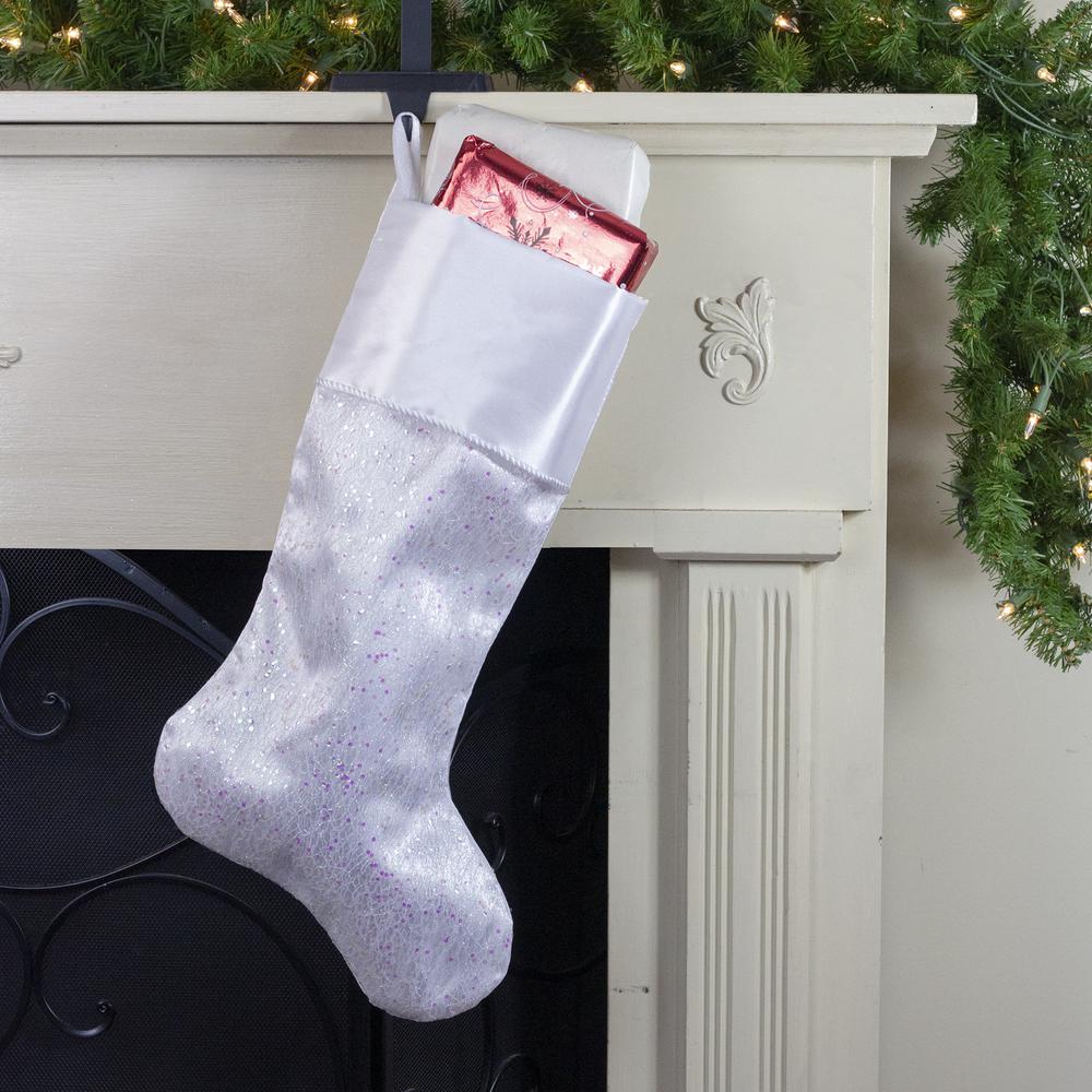 22.25" White with Pink Iridescent Glitter Christmas Stocking with Satin Cuff. Picture 2