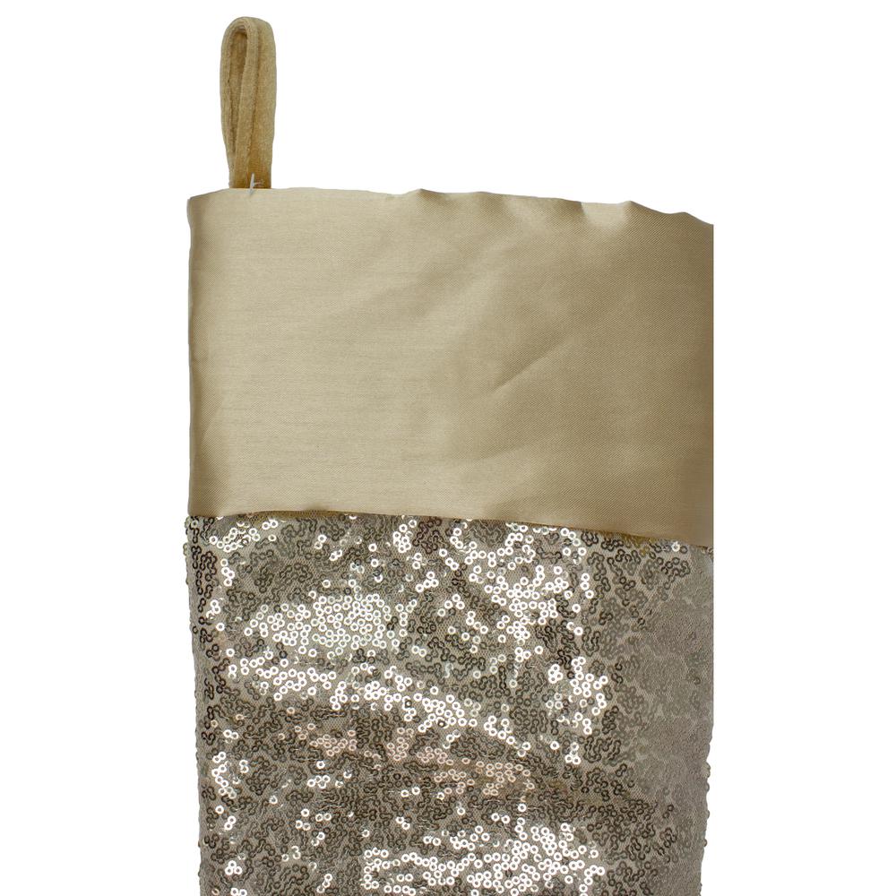22" Golden Metallic Sequined Christmas Stocking with Satin Cuff. Picture 3