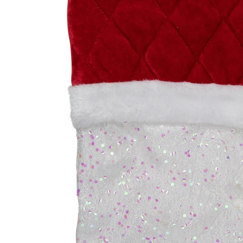 22.25" LED Lighted White Iridescent Glittered Christmas Stocking with Red Cuff. Picture 3