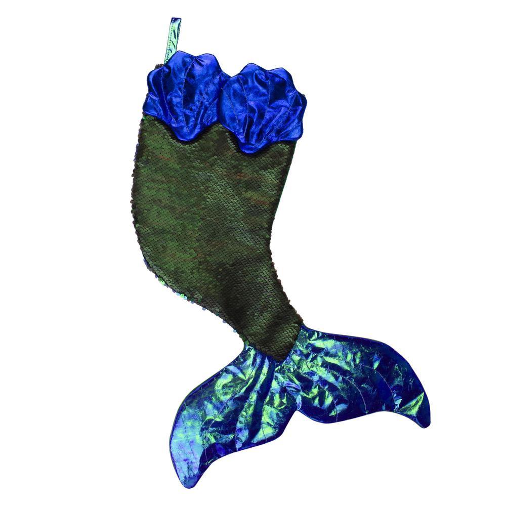 24" Green and Black Sequined Iridescent Mermaid Christmas Stocking. Picture 3