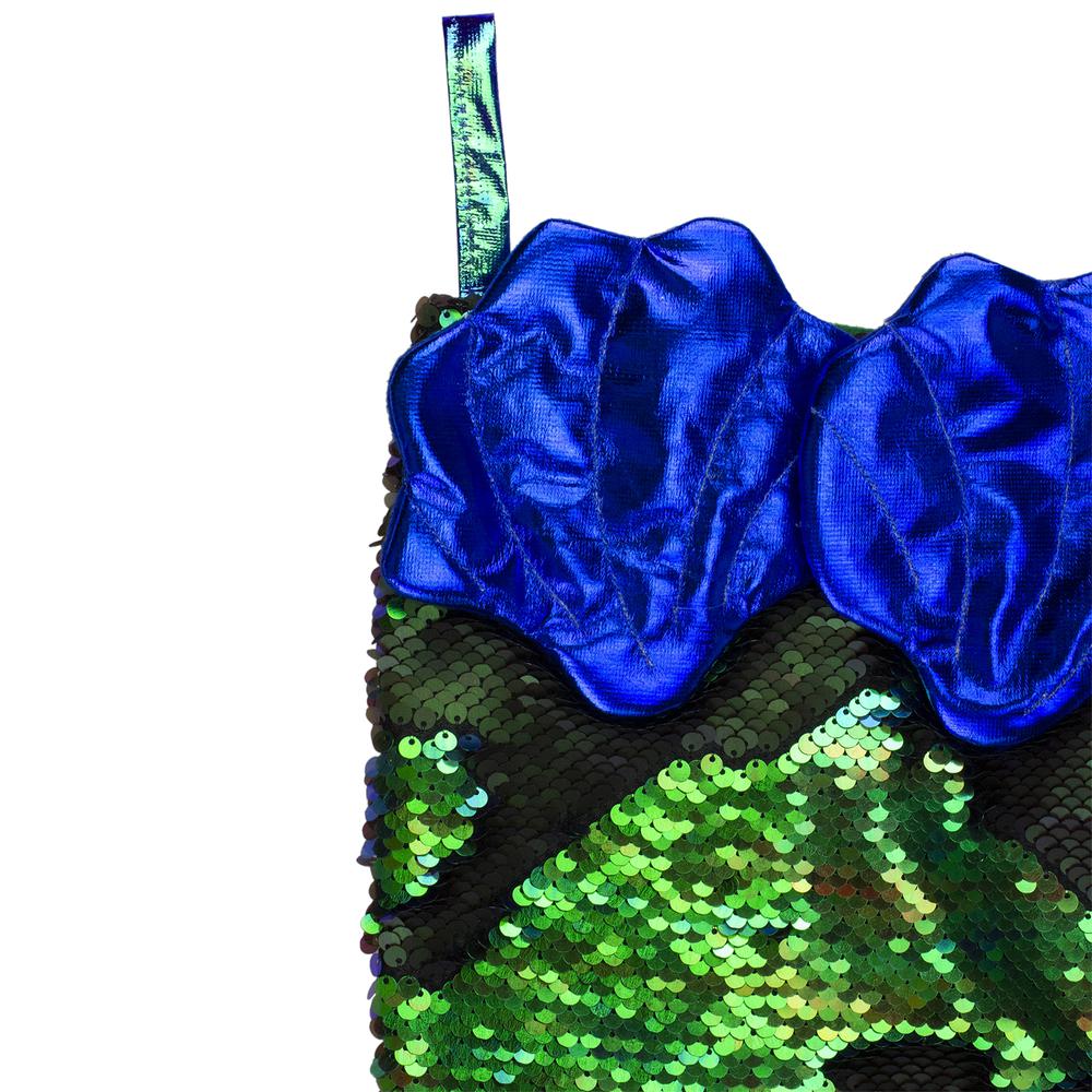 24" Green and Black Sequined Iridescent Mermaid Christmas Stocking. Picture 4