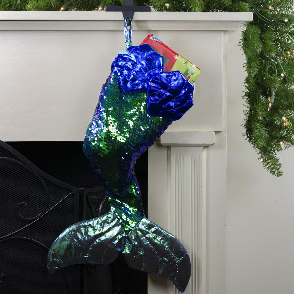 24" Green and Black Sequined Iridescent Mermaid Christmas Stocking. Picture 2