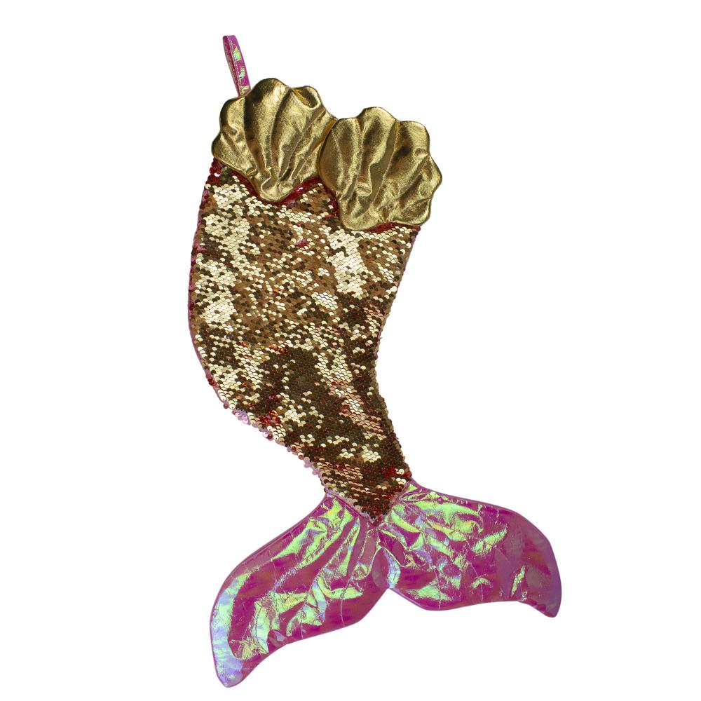 24" Pink and Gold Sequined Iridescent Mermaid Christmas Stocking. Picture 3