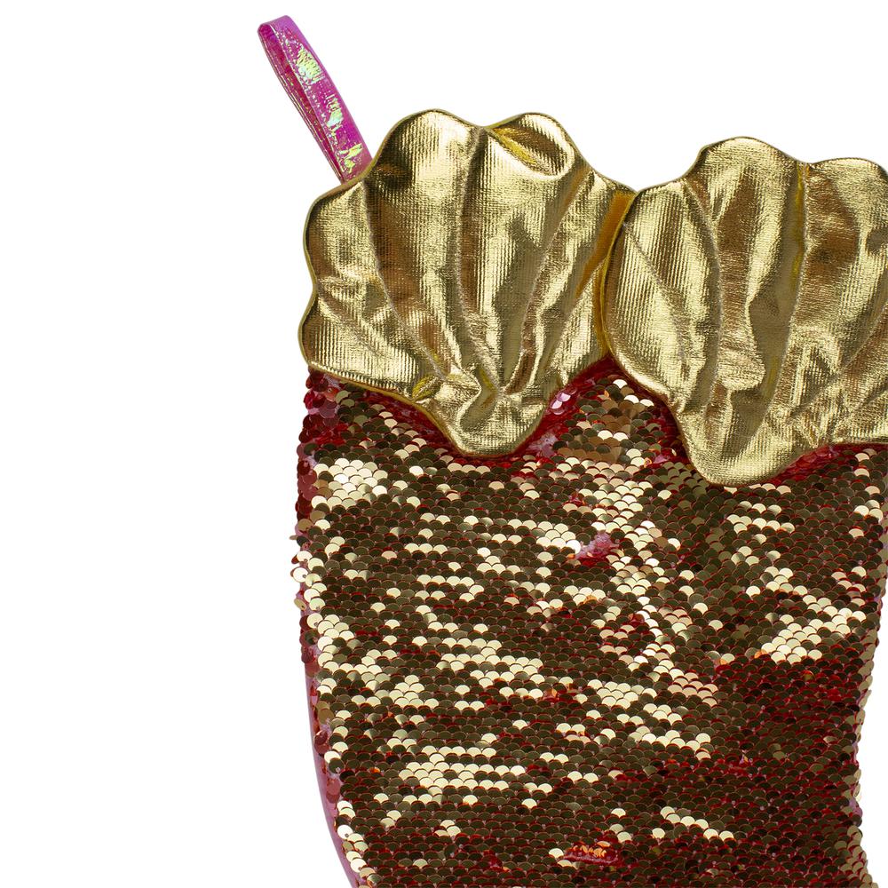 24" Pink and Gold Sequined Iridescent Mermaid Christmas Stocking. Picture 4