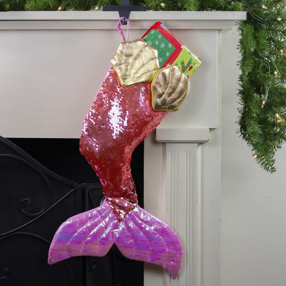 24" Pink and Gold Sequined Iridescent Mermaid Christmas Stocking. Picture 2