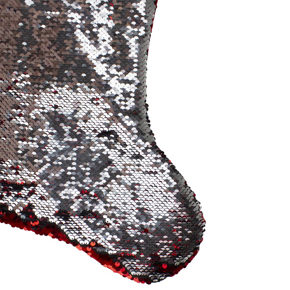 22" Red and Silver Reversible Sequined Christmas Stocking. Picture 5