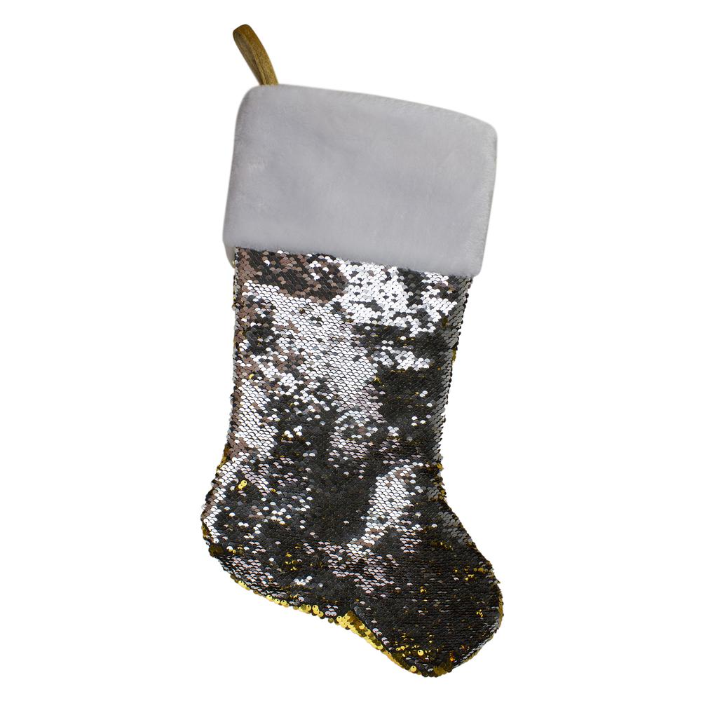22.75" Gold and Silver Reversible Sequined Christmas Stocking. Picture 3