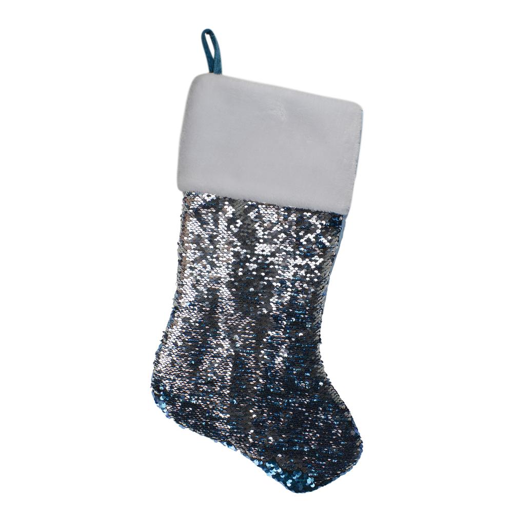 22.75" Sky Blue and Silver Reversible Sequined Christmas Stocking with Faux Fur Cuff. Picture 3