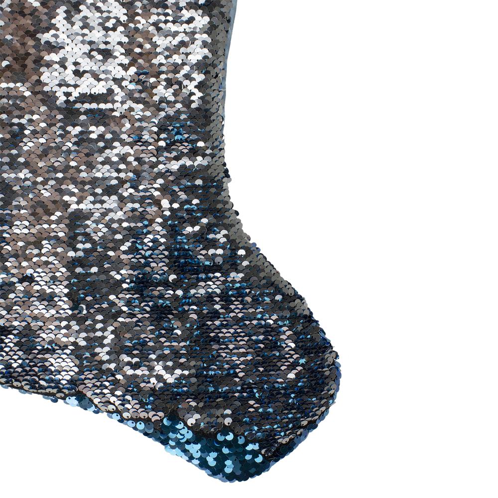 22.75" Sky Blue and Silver Reversible Sequined Christmas Stocking with Faux Fur Cuff. Picture 4