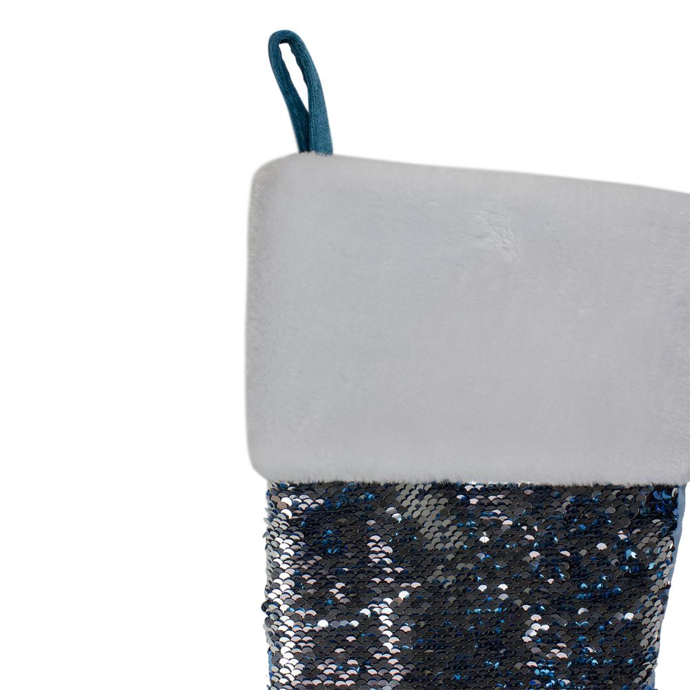 22.75" Sky Blue and Silver Reversible Sequined Christmas Stocking with Faux Fur Cuff. Picture 5