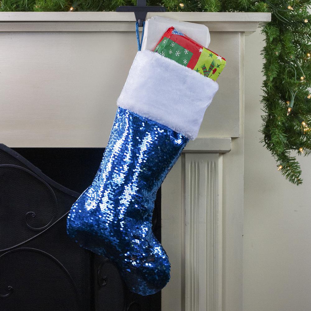 22.75" Sky Blue and Silver Reversible Sequined Christmas Stocking with Faux Fur Cuff. Picture 2