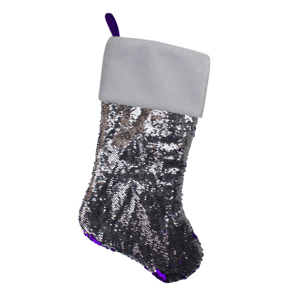 23.25" Purple and Silver Reversible Sequined Christmas Stocking with Faux Fur Cuff. Picture 3