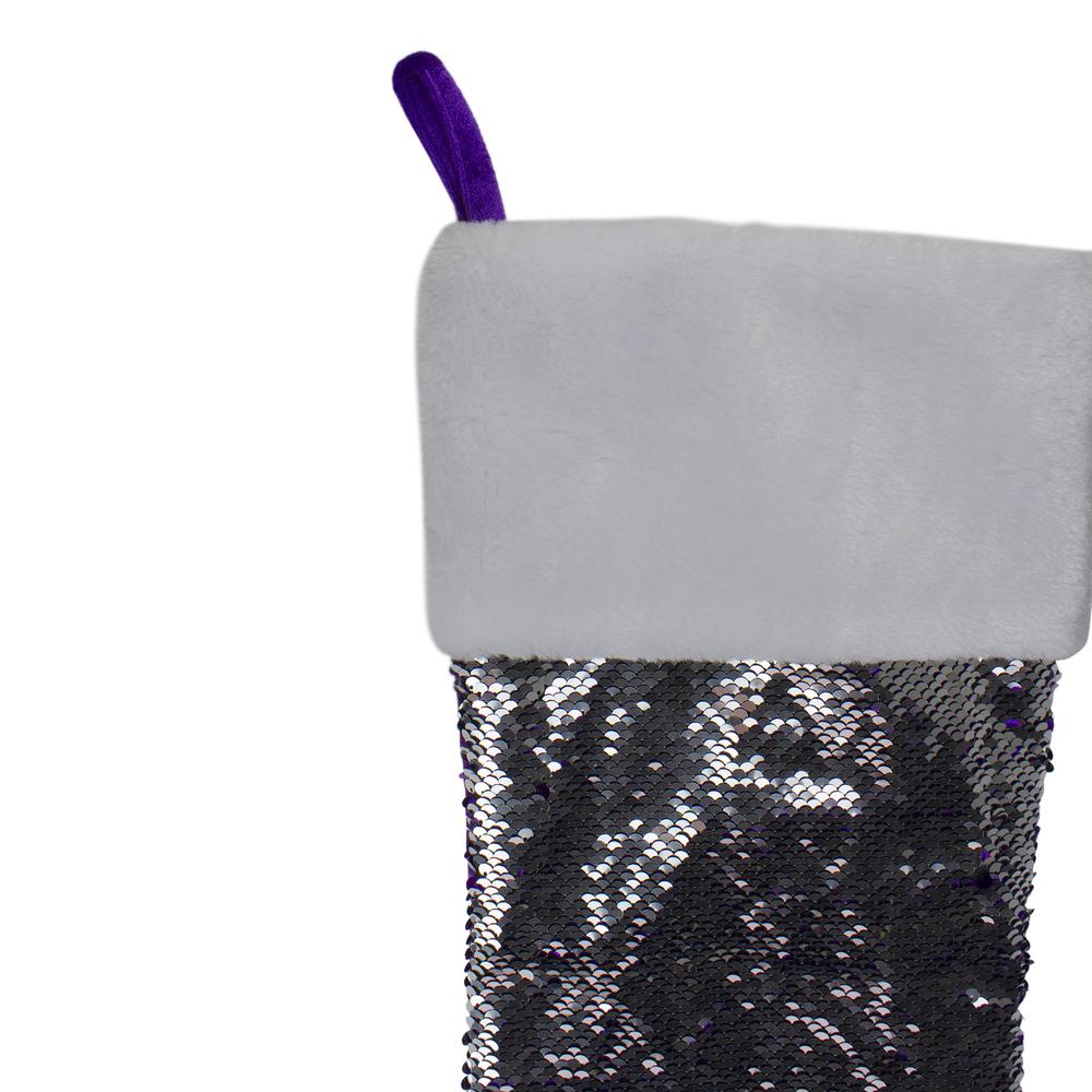 23.25" Purple and Silver Reversible Sequined Christmas Stocking with Faux Fur Cuff. Picture 4