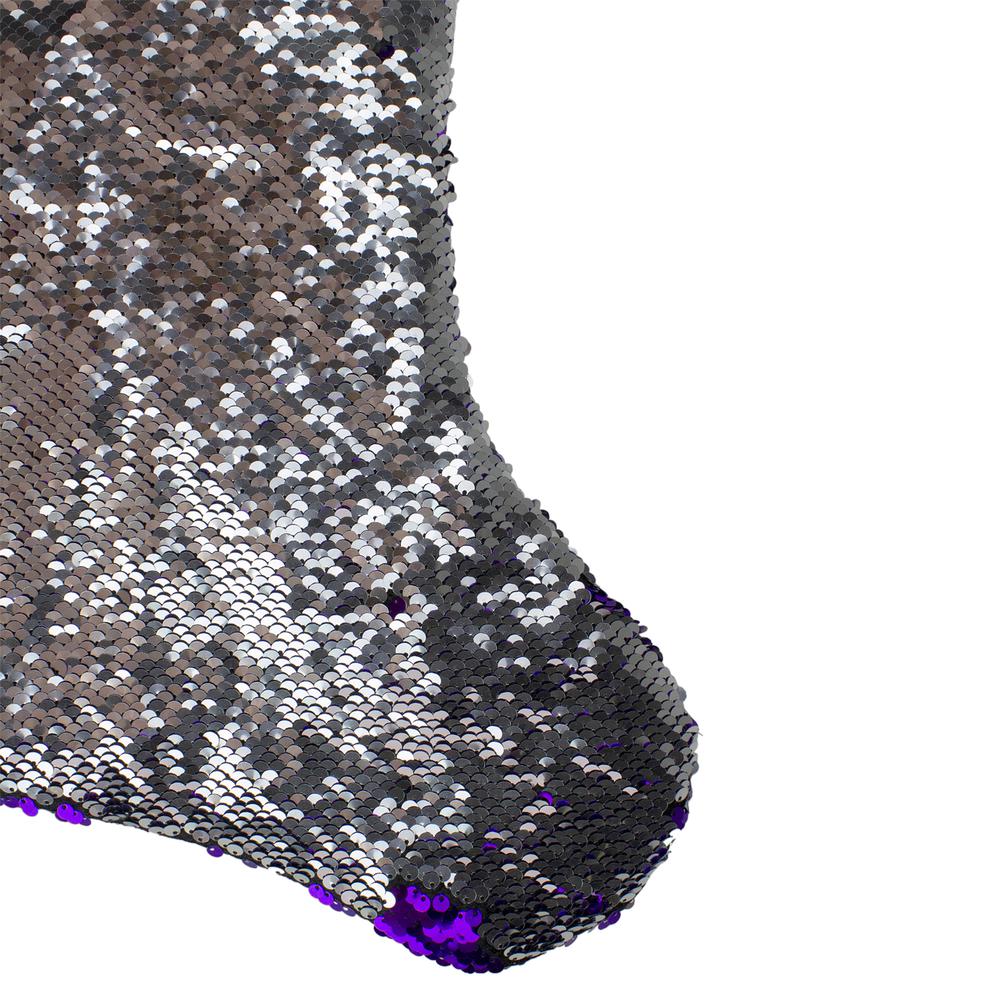 23.25" Purple and Silver Reversible Sequined Christmas Stocking with Faux Fur Cuff. Picture 5