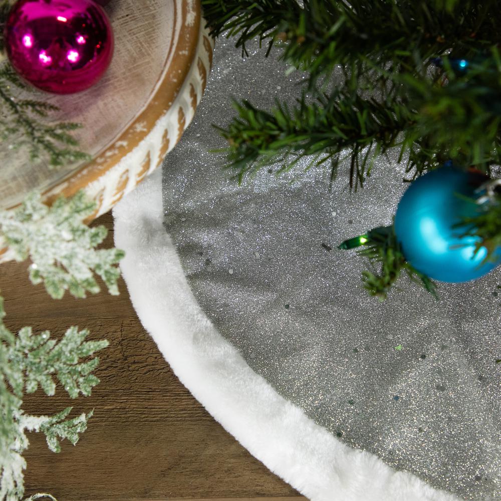 20" Silver Glittered Mini Christmas Tree Skirt with White Fur Trim. Picture 3