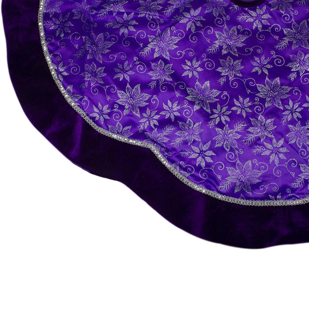 48" Purple and Silver Glittered Floral Christmas Tree Skirt. Picture 3