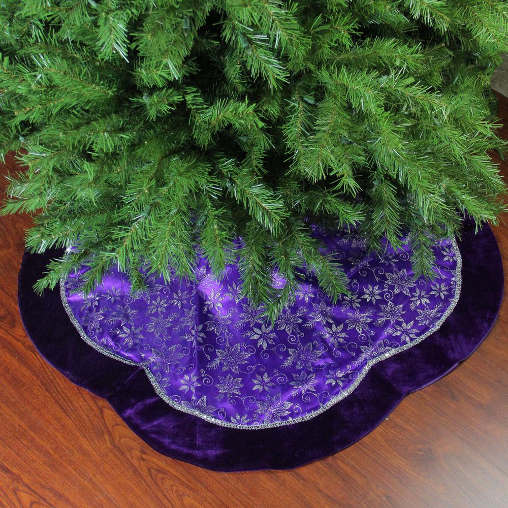 48" Purple and Silver Glittered Floral Christmas Tree Skirt. Picture 2