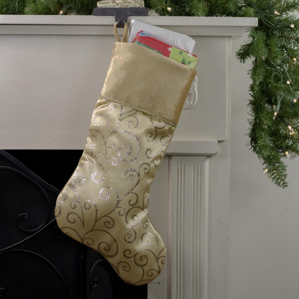 20.5" Gold Glittered Swirl Christmas Stocking with Velveteen Cuff. Picture 2