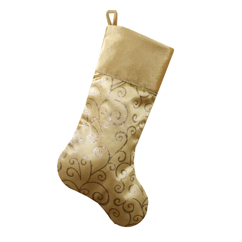20.5" Gold Glittered Swirl Christmas Stocking with Velveteen Cuff. Picture 1