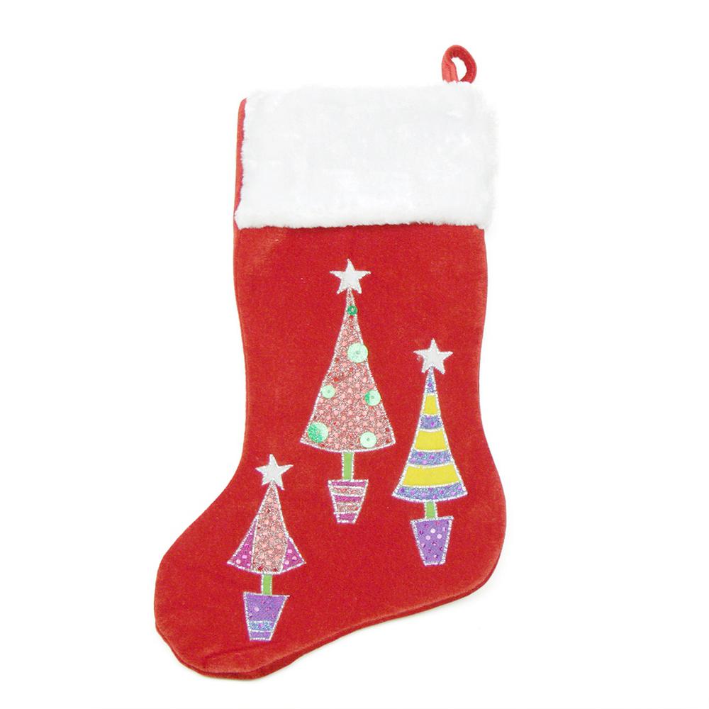 20" Red and White Embroidered Velveteen Cuff Christmas Tree Stocking. Picture 2